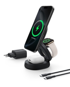 Statia de incarcare wireless Belkin BoostCharge 3-in-1, 15W, MagSafe, pliabila