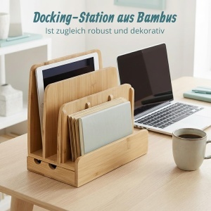 Statie de incarcare din bambus Relaxdays, 5 dispozitive, 23 x 25,5 x 13,5 cm - Img 2