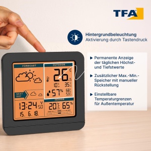Statie Meteo Digitala TFA Dostmann SKY, cu Senzor Exterior, Negru, 123 x 52 x 117 mm - Img 5