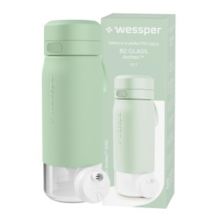 Sticla de apa cu filtru Wessper B2 Glass, 500 ml, sticla borosilicata, filtru Actitex, BPA free, verde menta