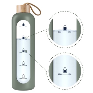 Sticla de apa Wessper 1L din sticla borosilicata, cu husa din silicon, culoare olive - Img 3