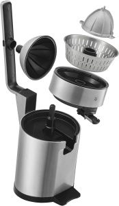 Storcator electric de portocale WMF Profi Plus, storcator de lamaie cu parghie din otel inoxidabil, storcator de lamaie, storcator de citrice, storcator de portocale cu suport pentru fructe, 160 wati, opritor de picurare, otel inoxidabil mat - Img 3