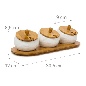 Suport condimente Relaxdays JIAO din ceramica si bambus, 3 borcane, 8.5 x 30.5 x 12 cm - Img 5