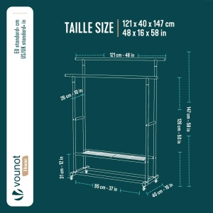 Suport pentru haine VOUNOT, metalic, alb, cu 2 rafturi, 121x40x147cm - Img 3