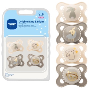 Suport pentru suzeta MAM Original Day Night, 0-6 luni, design SchafHase, set 4 bucati