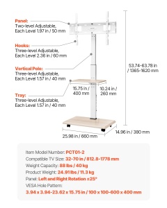 Suport TV mobil VEVOR PCT01-2 pentru televizoare de 32-70 inch, 40 kg, inaltime ajustabila - Img 7