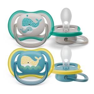 Suzeta Philips Avent ultra air - pachet de 2, fara BPA, suzeta respirabila pentru bebelusi cu varsta de 18 luni si peste, inclusiv cutie de transport si sterilizare, balena/balena (model SCF349/24)