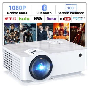 T TOPVISION Bluetooth 5.1 Mini Beamer - 9500Lumens Multimedia Home Theater Beamer, nativ 1080P cu ecran de 100'' compatibil cu HDMI, USB, AV, Smartphone, Pad, TV Box, Laptop