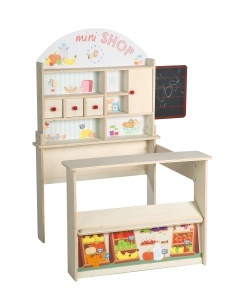Tarc de joaca copii Roba Minishop, cu masa de vanzare si tabla scris, lemn natural