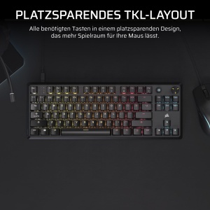 Tastatura mecanica de gaming CORSAIR K70 CORE TKL RGB Tenkeyless - Comutatoare liniare pre-lubrifiate CORSAIR MLX Red v2 - SOCD - Atenuare fonica cu doua straturi - Taste ABS - QWERTZ UK - Negru - Img 3