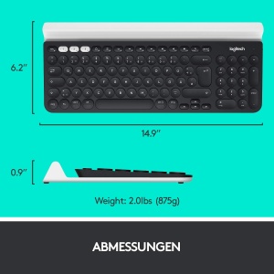 Tastatura wireless Logitech K780, conexiune Bluetooth si 2,4 GHz, functie multidispozitiv si comutare usoara, suport integrat, PC/Mac/tableta/smartphone, aspect QWERTZ german - gri inchis/alb - Img 8