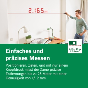 Telemetru laser Bosch Zamo de generatia a 4-a cu 3 atasamente (masurare simpla si precisa pana la 25 m, baterii reincarcabile prin USB-C, cu interfata adaptor, intr-o cutie de comert electronic) - Img 4