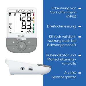 Tensiometru Beurer BM 53, fabricat in Europa, validat clinic, detectarea fibrilatiei atriale (AFib) pentru prevenirea accidentului vascular cerebral, cu indicator de risc, pentru circumferinta bratului de 22-42 cm, afisaj XL - Img 7