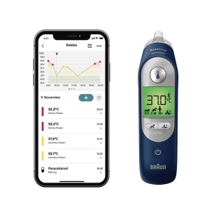 Termometru pentru urechi Braun ThermoScan(r) 7+ connect | Compatibil cu aplicatia Braun Family Care(tm) | Tehnologie de precizie(r) a varstei | Afisaj digital cu coduri de culori | Prietenos cu bebelusii si copiii mici