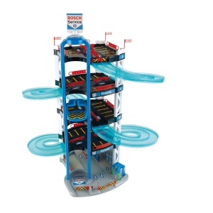 Theo Klein 2813 Bosch Car Service Parking Garage I Cu 5 niveluri, rampa dubla de plecare, 2 masini de curse, lift si multe altele I Dimensiuni: 55 cm x 55 cm x 85 cm I Jucarii pentru copii de la 3 ani, multicolor
