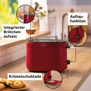 Toaster compact Bosch MyMoment TAT2M124, 800W, 2 felii, functie de decongelare, rosu mat - Img 3