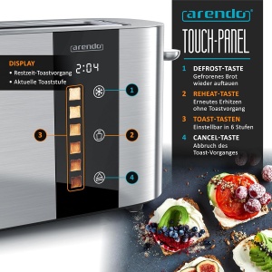 Toaster cu 2 feliute Arendo LEVEL TOUCH, 1000 W, inox, cu touchscreen - Img 4