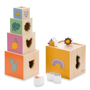 Torre de sortare din lemn hauck Stack N Raise, jucarie educativa, 12 luni, cu cuburi si forme de animale