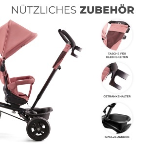 Tricicleta Kinderkraft Aveo, pentru copii de la 9 luni, roz, cu maner si copertina - Img 6
