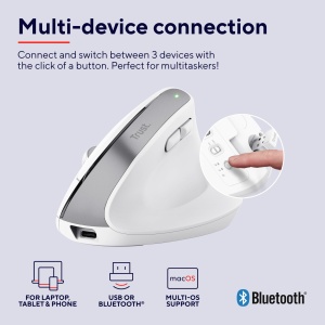 Trust Bayo+ Mouse Vertical Reincarcabil Bluetooth + RF 2.4GHz, Prevenirea Bratului Mouse-ului/Cotului de Tenis (Sindromul RSI), 50% Plastic Reciclat, Mouse Ergonomic Wireless PC, Laptop, Mac - Alb - Img 3