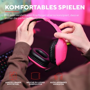 Trust Gaming GXT 415P Zirox Casti Usoare De Gaming cu Driver de 50 mm pentru PC, Xbox, PS4, PS5, Comutator, Mobil, 2 m Cu Fir, Mufa Audio de 3.5 mm, Casti Over-Ear cu Fir - Roz - Img 5