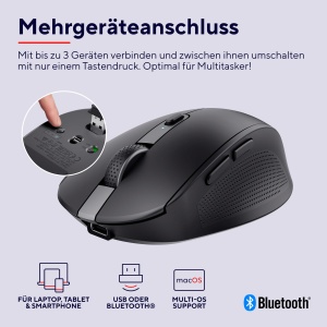 Trust Ozaa Silent Wireless Mouse Bluetooth + 2.4GHz, Compact Multi-Device Wireless Mouse, 60% Plastic Reciclat, Reincarcabil Bluetooth Mouse Laptop PC Computer Windows Android Mac - Negru - Img 3
