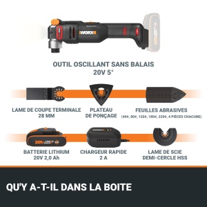 Unealta multifunctionala fara fir WORX, fara perii, 20 V, WX698, diverse materiale, montare universala, livrata cu 2 lame, 1 talpa de slefuire, 20 hartii taiate, 1 baterie 2 Ah si - Img 7