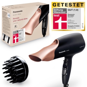 Uscator de par Panasonic EH-NA63 Nanoe, Foundation Wait Test 1.8, cu difuzor, duza de coafare, ventilator si niveluri de temperatura, pentru stralucire vizibila, putere de 2000 W, design ergonomic, auriu roz