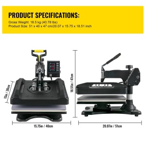 VEVOR 1200W Heat Press 8 IN 1 T-Shirt Press, 38 x 38cm Black Heat Press, Tricou Heat Press pentru aplicarea literelor, numerelor si modelelor pe sepci, tricouri, cani, farfurii 51 x 40 x 47cm - Img 8