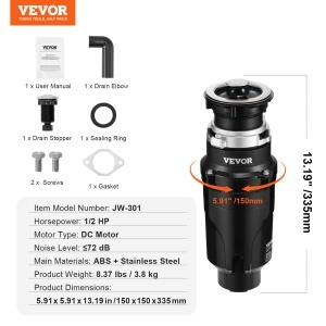 VEVOR JW-301 Tocator de Resturi Alimentare 12 PS Motor DC 3820 RPM Sistem EZ-Mount - Img 7