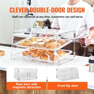 Vitrina de patiserie VEVOR cu 2 niveluri, tavi comerciale 510 x 350 x 35 mm, vitrina de panificatie, vitrina acrilica cu acces la usa din spate si rafturi detasabile, pentru covrigi gogosi, prajituri, prajituri etc. - Img 5