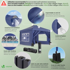 VOUNOT Foisor 3x3m Impermeabil Grajd Rezistent la iarna, Pop Up Foisor pliabil cu 4 panouri laterale si 5 saci de nisip, Cort pliabil pentru petreceri Cort de gradina Foisor de gradina incl. Geanta, Glau - Img 5