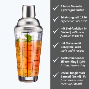 Westmark Cocktail Shaker Sam - shaker cu cantar si sita, mixer profesional de cocktailuri, accesorii de bar, incl. retete pentru amestecarea margaritei si multe altele - otel inoxidabil, sticla, 400 ml - Img 2
