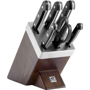ZWILLING Gourmet Bloc de cutite autoascutit, 7 bucati, cutit si foarfece din maner din otel inoxidabil/plastic, bloc de lemn, cenusa maro [Fabricat in Germania]