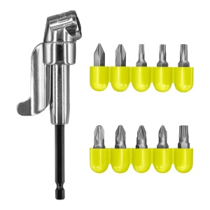 Accesoriu de surubelnita unghiulara RYOBI cu 10 capete de surubelnita RAKRAD11 (suport de scule hexagonal de 1/4", reglare la 360deg, suport magnetic pentru biti cu cuplu maxim de 11 Nm)