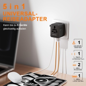 Adaptor de calatorie GRIFEMA 5 in 1 cu 2 USB C, 20W PD, compatibil global - Img 2