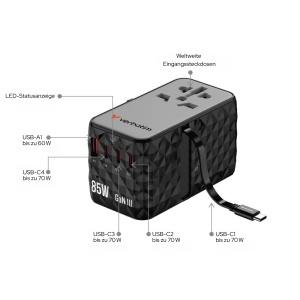 Adaptor de calatorie Verbatim GaN III 85W cu 3 USB-C, USB-A, negru - Img 2