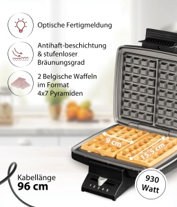 Aparat de facut waffles Cloer 1440, 2 Waffeln, 930 W, negru - Img 2
