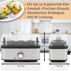 Aparat de fiert oua ProfiCook PC-EK 1275, capacitate 8 oua, 400W, inox - Img 7