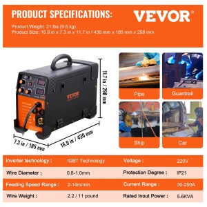 Aparat de sudura VEVOR MIG-250 3-in-1 IGBT Tehnologie Portabil 84kg - Img 7