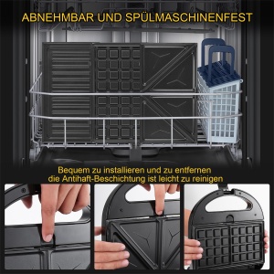 Aparat multifunctional YASHE 3 in 1,Sandwich Maker,Prajitor de paine sandwich, Gratar de contact, Fier de vafe,Masina Panini,Placi detasabile cu acoperire antiaderenta,750 W,Afisaje LED, Fara BPA, Negru - Img 2