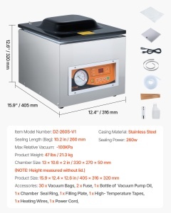 Aparat Vakuum VEVOR DZ-260S-V2, 260 W, 26 cm, inox - Img 7