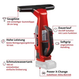 Aspirator de geamuri Einhell BRILLIANTO Power X-Change 18V curatare fara urme accesorii incluse - Img 3
