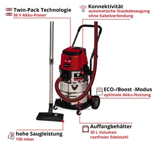 Aspirator profesional fara fir Einhell TP-VC 36/30 S Auto-Solo Power X-Change (Li-Ion, 36 V, functie de conectivitate cu pornire automata, functie ECO/BOOST, fara baterie si incarcator) - Img 3