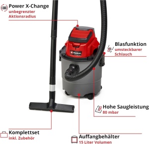 Aspirator umed si uscat fara fir Einhell TC-VC 18/15 Li-Solo Power X-Change (litiu-ion, recipient din plastic 15 l, 4 role, incl. furtun de aspiratie, diverse filtre, fara baterie si incarcator) - Img 4