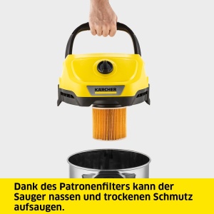 Aspirator umeduscat Karcher WD 3 S V-17420 incl filtru cartus sac de filtrare din lana 1000 W 2 m si depozitare furtun functie de suflare duza pentru  - Img 2