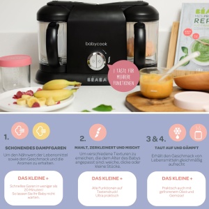 BEABA - Babycook Duo - Aparat de mancare pentru bebelusi 4 in 1 - Abur delicat - Gatit rapid cu abur in 15 minute - XXL Capacitate: 2x200 ml - Negru, 1 bucata (1 pachet) - Img 3