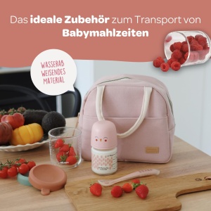 BEABA, Geanta de pranz izolata pentru bebelusi, mese pentru copii, cutie de pranz, mentine cald si racoros, capacitate mare de 5L, tesatura impermeabila, cu buzunar frontal, material moale, budinca roz - Img 2