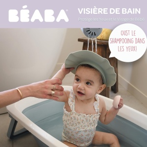 BEABA, Palarie de dus pentru bebelusi, Casca de baie, Circumferinta capului reglabila, 5 pozitii, Protectie pentru ochi si urechi, Silicon moale si flexibil, Gri-verde - Img 2
