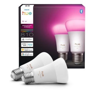 Bec LED inteligent Philips Hue A60, 6W, lumina alba si color, E27, set 2 buc.